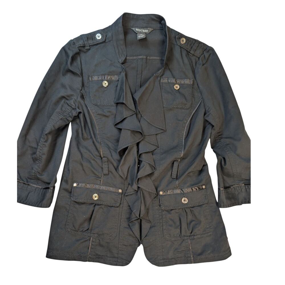 White House Black Market Black Ruffle Military Blazer Women's 6 No Belt